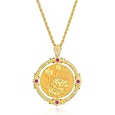 Fettero Gold Necklace for Women Birth Flower Necklace with Birthstone 14K Gold Plated Dainty Rotating Coin Pendant Necklace Personalized Birth Month Jewelry for Birthday Mother's Day Gift 12 Month