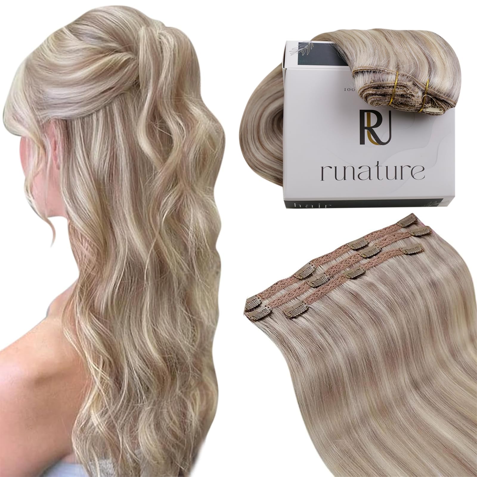 RUNATURE Clip in Hair Extensions Human Hair Blonde Highlight Grey Blonde Hair Extensions Clip in Double Weft Hair 12 Inch 50 Gram 3PCS #19/60 — image 1