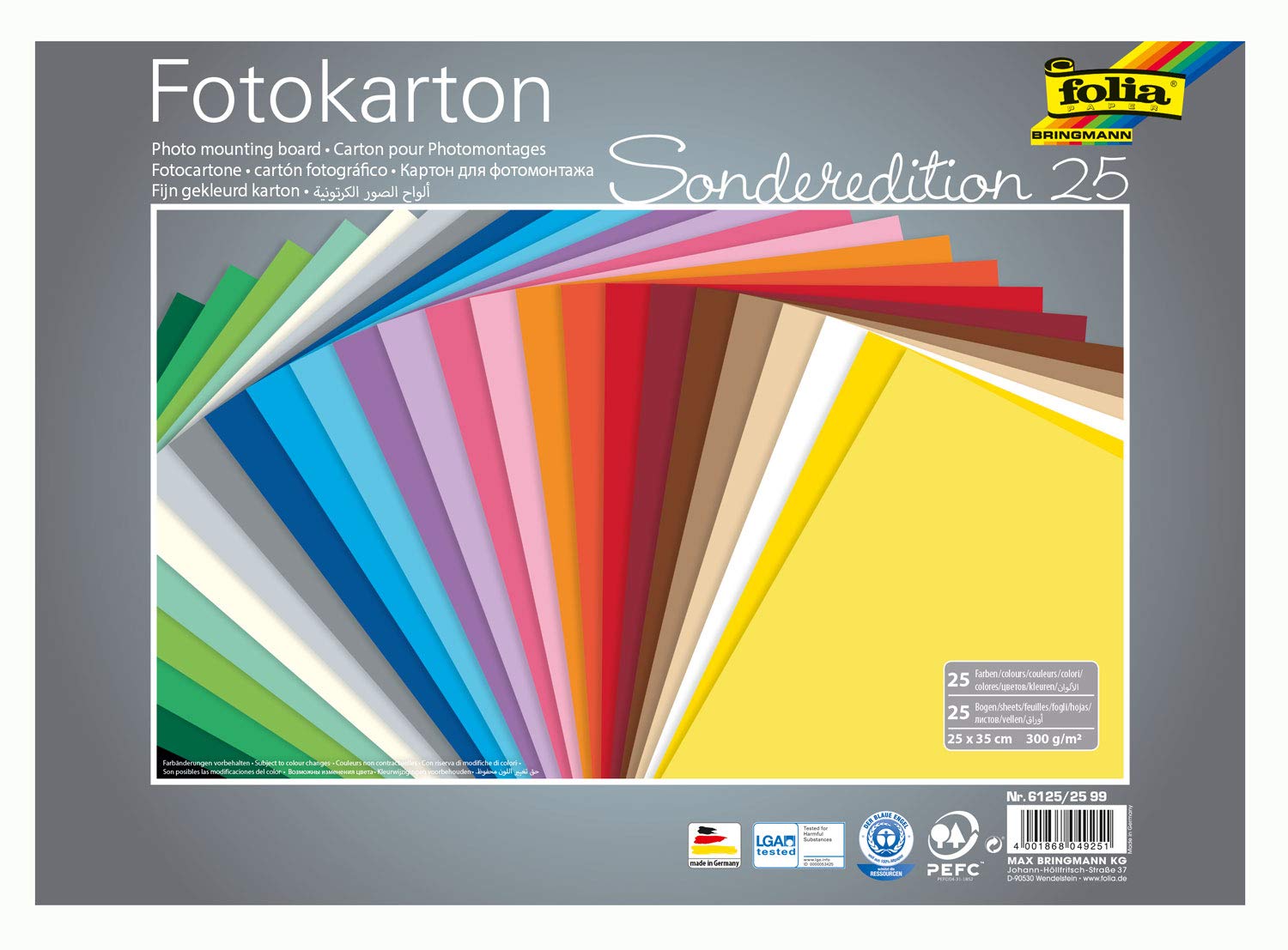 folia 6125/25 99 Photo Card Mix 25 x 35 cm 300 g/m² 25 Sheets Assorted in 25 Colours Ideal Base for Numerous Craft Ideas