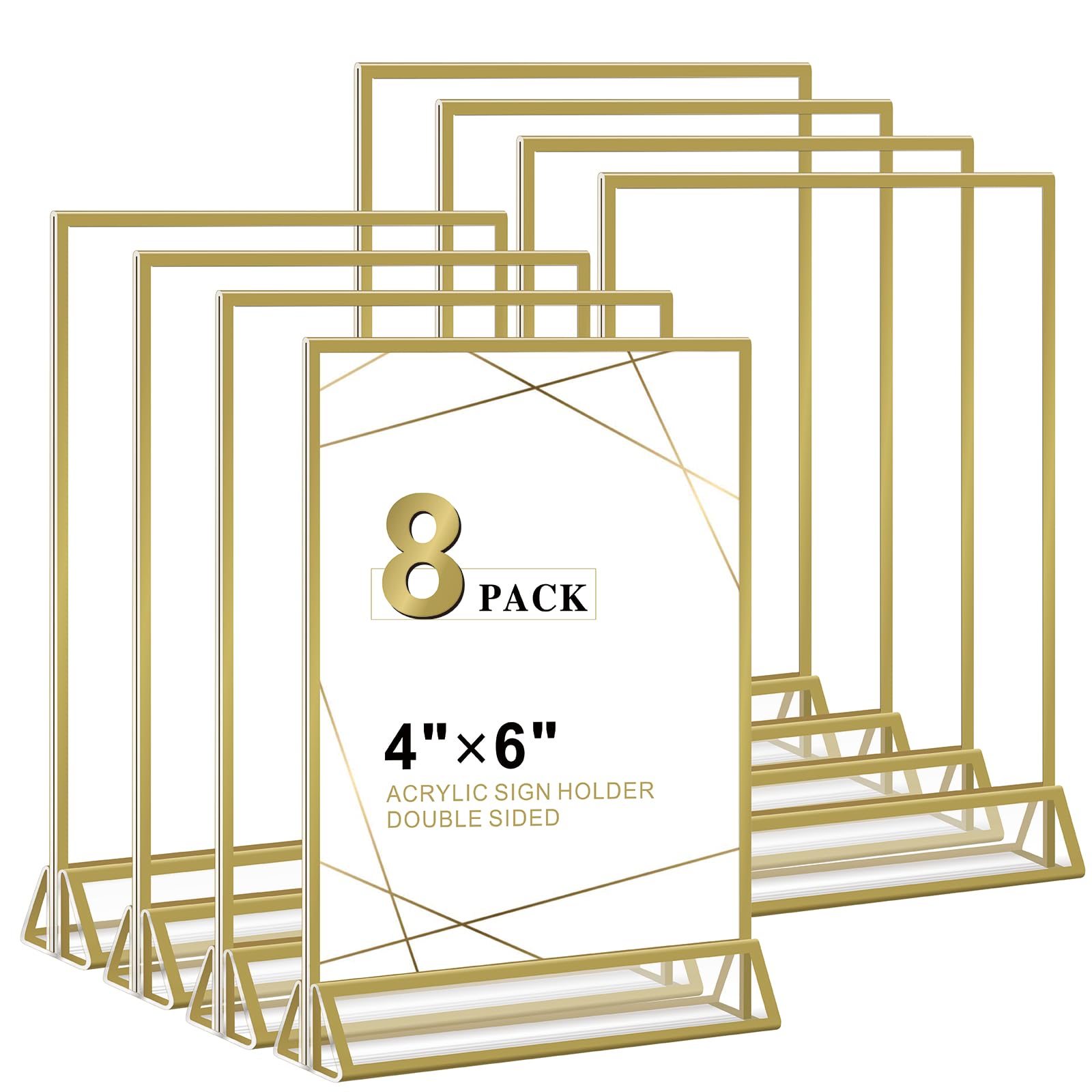 Photo 1 of Acrylic Sign Holder 4x6 - 8 Pack Gold Picture Frame Double-Sided Table Sign Holder Vertical Display Stand Plastic Paper Holder -Vendor Booth Display Items Suitable for Wedding Office Store Party