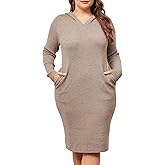 Agnes Orinda Plus Size Women Fall Sweater Dresses 2025 V Neck Knit Pullover Hooded with Pockets Sweaters Dress
