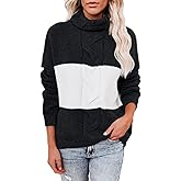 ANCAPELION Women’s Casual Sweater Pullover Winter Cozy Long Sleeve Turtleneck Jumpers Color Block Knit Pullover Top Loose Fit
