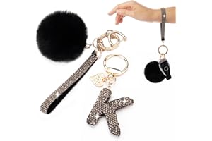 HONYJOOM Initial Letter Keychain for Women Girl Bling Rhinestone Sparkly Bag Backpack Purse Charm Cute Pom Pom Key Chain Wristlet