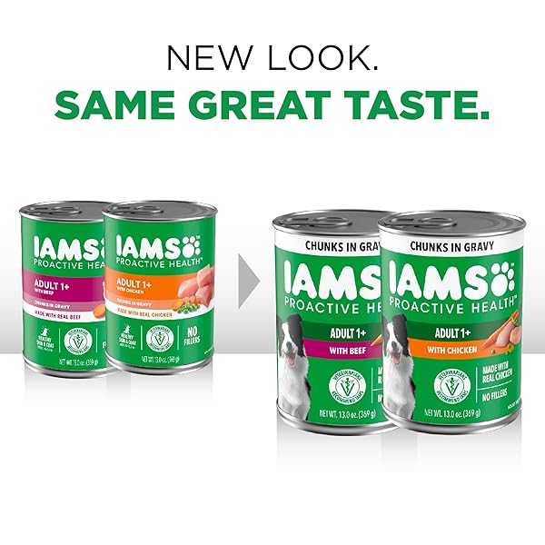 IAMS PROACTIVE HEALTH WET DOG FOOD ADULT, CANNED DOG FOOD, CHICKEN CHUNKS IN GRAVY AND BEEF CHUNKS IN GRAVY, 13 OZ. CANS, PACK OF 12