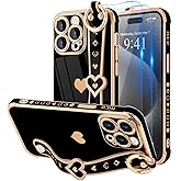 LLZ.COQUE Compatible with iPhone 15 Pro Max Case with Strap for Women Girls [2× Screen Protectors], Cute Love-Hearts, Wristband Kickstand Luxury Plating Edge Protective Phone Case (6.7") - Black