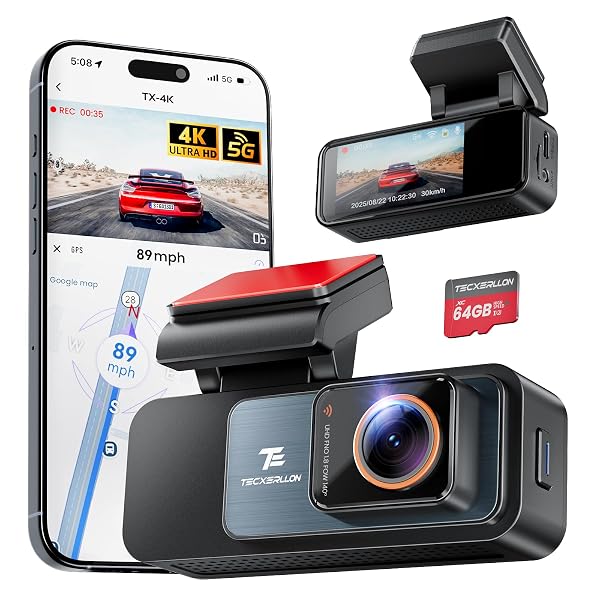 TECXLERON DASH CAM, 4K FULL HD DASH CAMERA FOR CARS, BUILT-IN GPS AND WI-FI, 64GB SD CARD INCLUDED, 160° WIDE ANGLE LENS, NIGHT VISION, G-SENSOR, LOOP RECORDING, 24H PARKING MONITOR