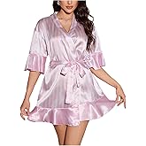 Verdusa Women's Striped Bathrobe Satin Robe Wrap Half Sleeve V Neck Ruffle Belted Nightgown Robe