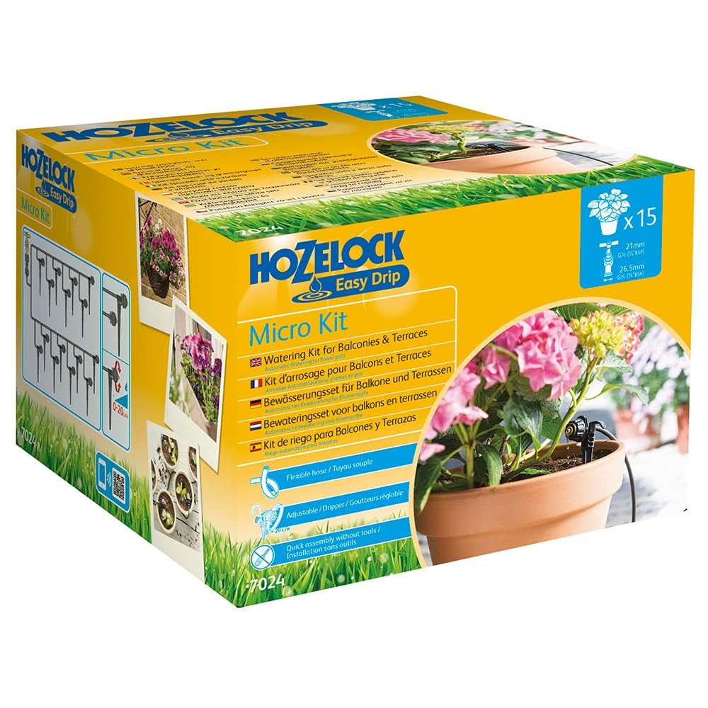 HOZELOCK - Micro Irrigation Kit "Micro Kit" : Ideal for Watering Potted Plants and Hanging Baskets, Easy to Use, Supplied with 15m of Ø 4mm Hose and 15 Drippers for Precise Watering [7024 0000]