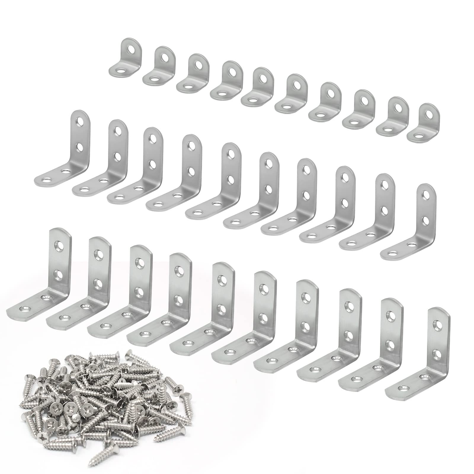 Wkmamo 30 Pcs Right Angle Brackets, 20 * 20/40 * 40/50 * 50mm 90 Degree Corner Braces Set,Stainless Steel L Shaped Brackets with Screws for Furniture Fixations