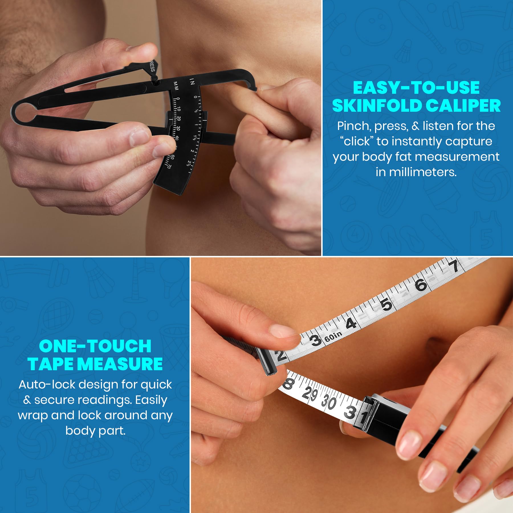 MEDca Body Fat Caliper and Measuring Tape for Body - Skinfold Calipers and Body Fat Tape Measure Tool for Accurately Measuring BMI Skin Fold Fitness and Weight-Loss, (Black)