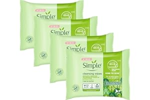 Simple Sensitive Skin Experts Kind To Skin Cleansing Facial Wipes, Waterproof Mascara Remover, Even Softer, 25 Count, (4 Pack)