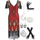 Women's 1920s Gatsby Inspired Sequin Beads Long Fringe Flapper Dress w/Accessories Set