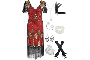 Women's 1920s Gatsby Inspired Sequin Beads Long Fringe Flapper Dress w/Accessories Set
