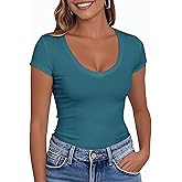 PALINDA Women's V Neck Fitted Shirts Basic Casual Stretchy T Shirt Short Sleeve Summer Tops