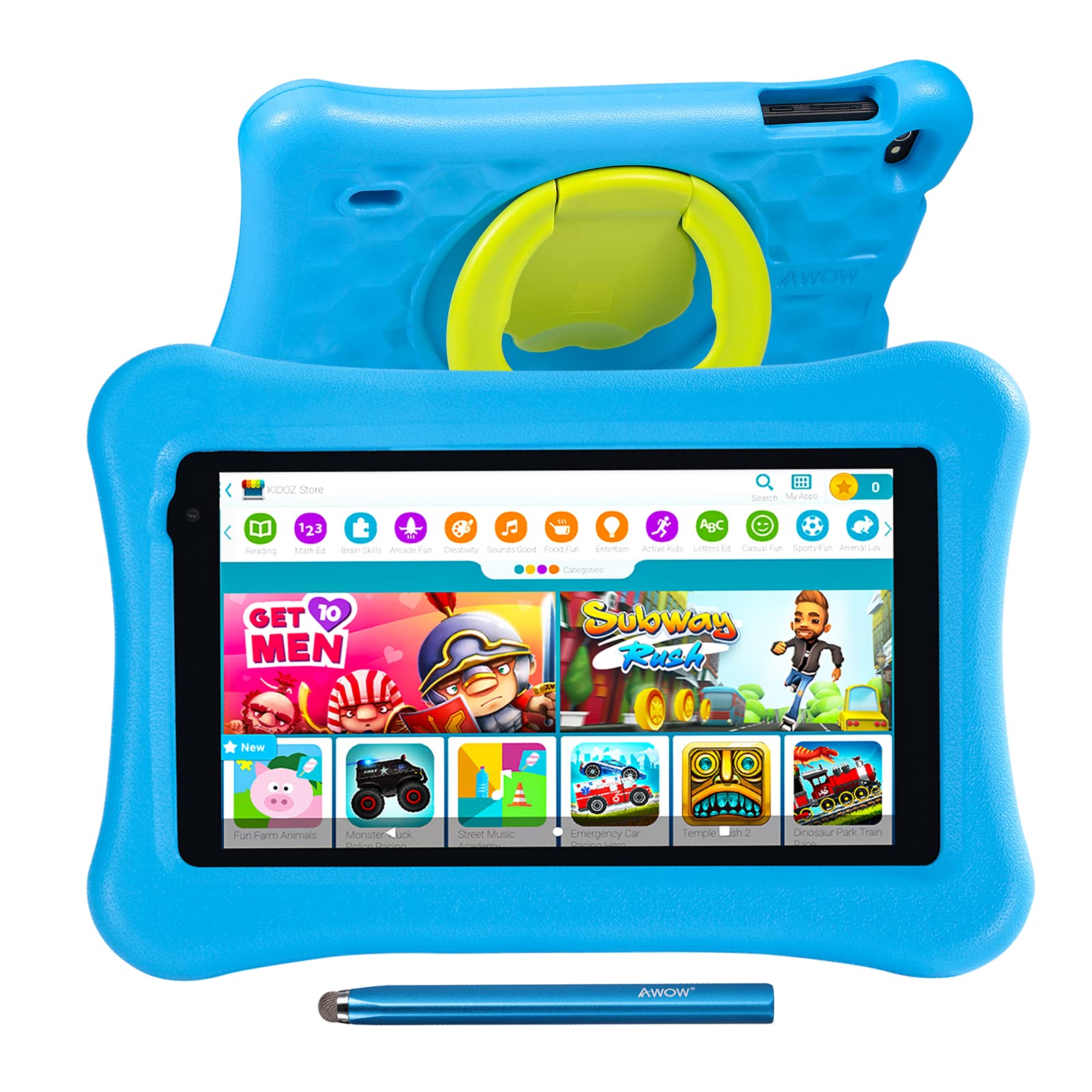 AWOW 7 inch Kids Tablet Tablet PC for Kids, Android 10 Go Quad Core, 32GB ROM, KIDOZ Pre-Installed with Kid-Proof Case and Stylus Pen, Parental Controls, Dual Cameras, Blue