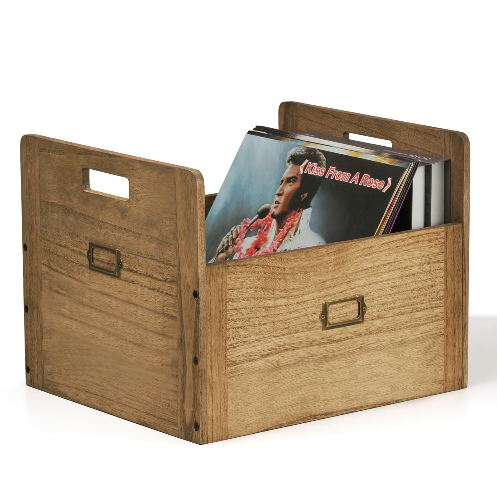 KIRIGEN Dark Brown Wooden Record Storage Box Pocket Organizer, dark brown, pocket organizer