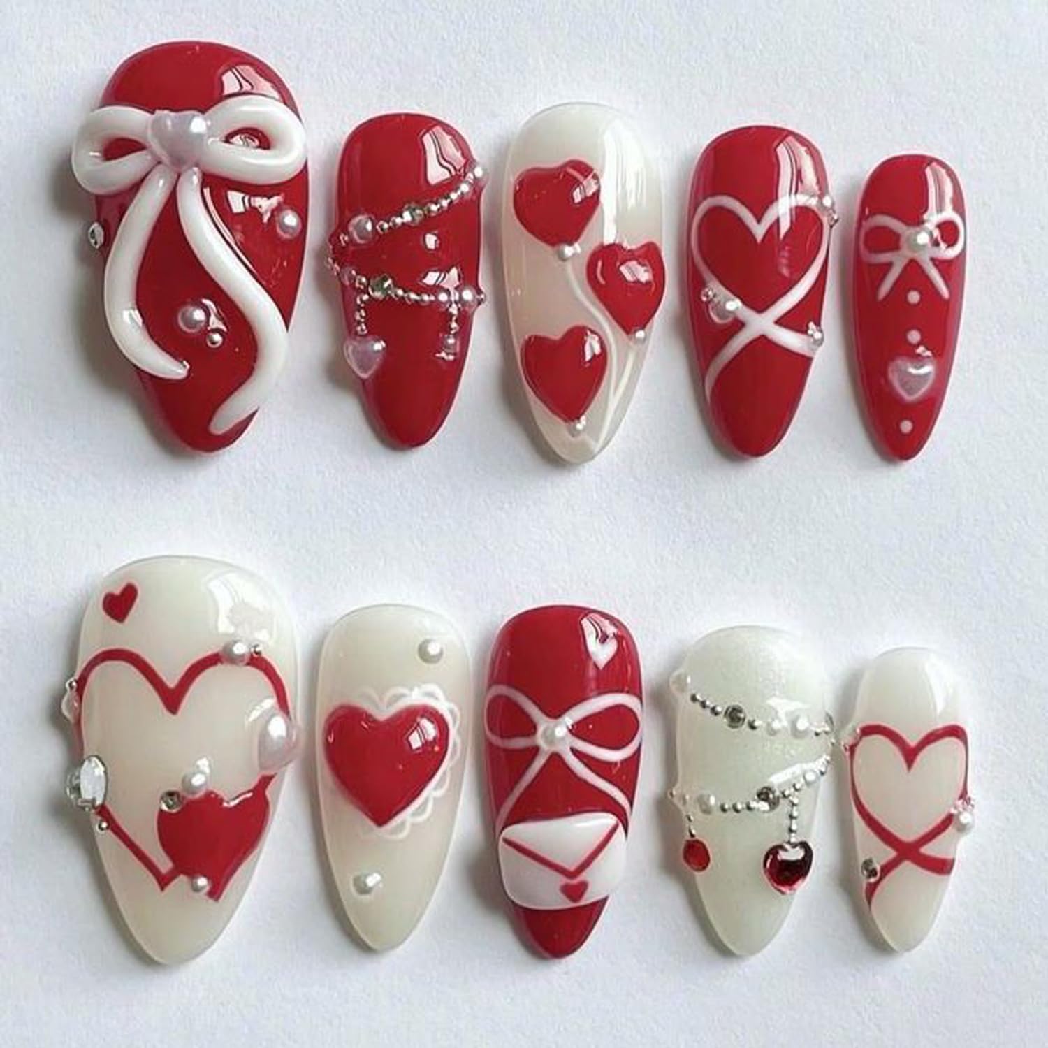 Photo 1 of 24pcs Valentine's Press On Nails Set Medium Almond Fake Nails 3D Love, Bow, Pearl & Gem Beads Rhinestones Design French False Nails Y2k Handmade Holiday Nail Red Heart Glue on Nails for Women