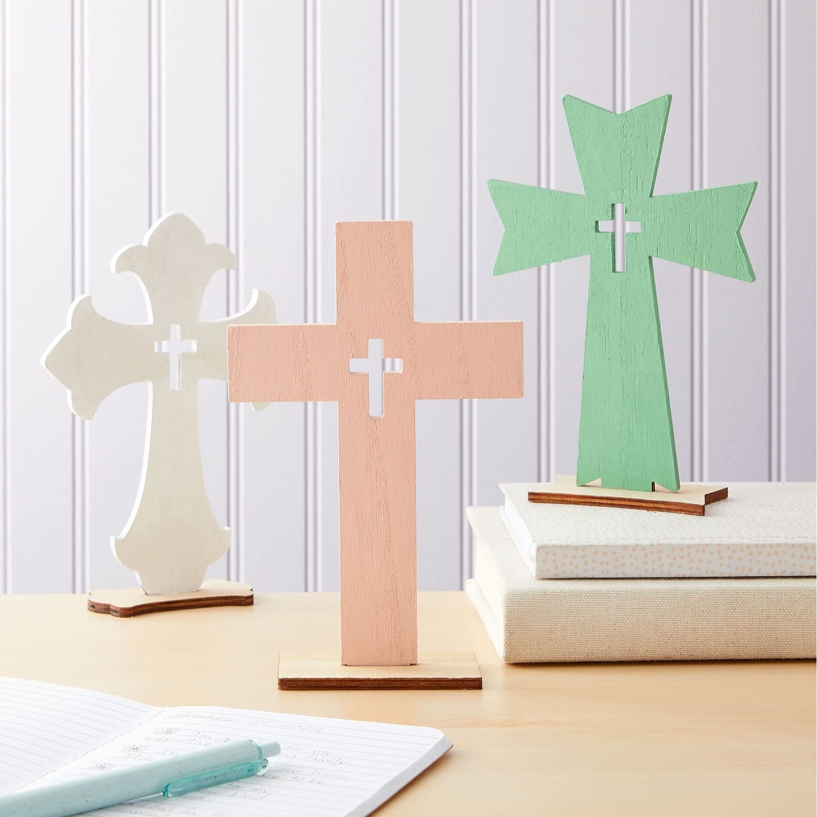 Bright Creations Wooden Crosses for Crafts - 12-Pack, 3 Sizes & Light Brown Unfinished Wood - DIY Blank Crosses with Stands - for Baptism Favors & Table Centerpieces