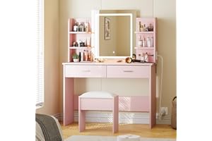 Vanity Desk with Lights and Mirror, Makeup Vanity Table with 3 Lighting Modes, Charging Station, Storage Drawer & Shelves, In