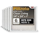 Filtrete 24x24x1 Air Filter, MPR 300, MERV 5, Clean Living Basic Dust 3-Month Pleated 1-Inch Air Filters, 6 Filters