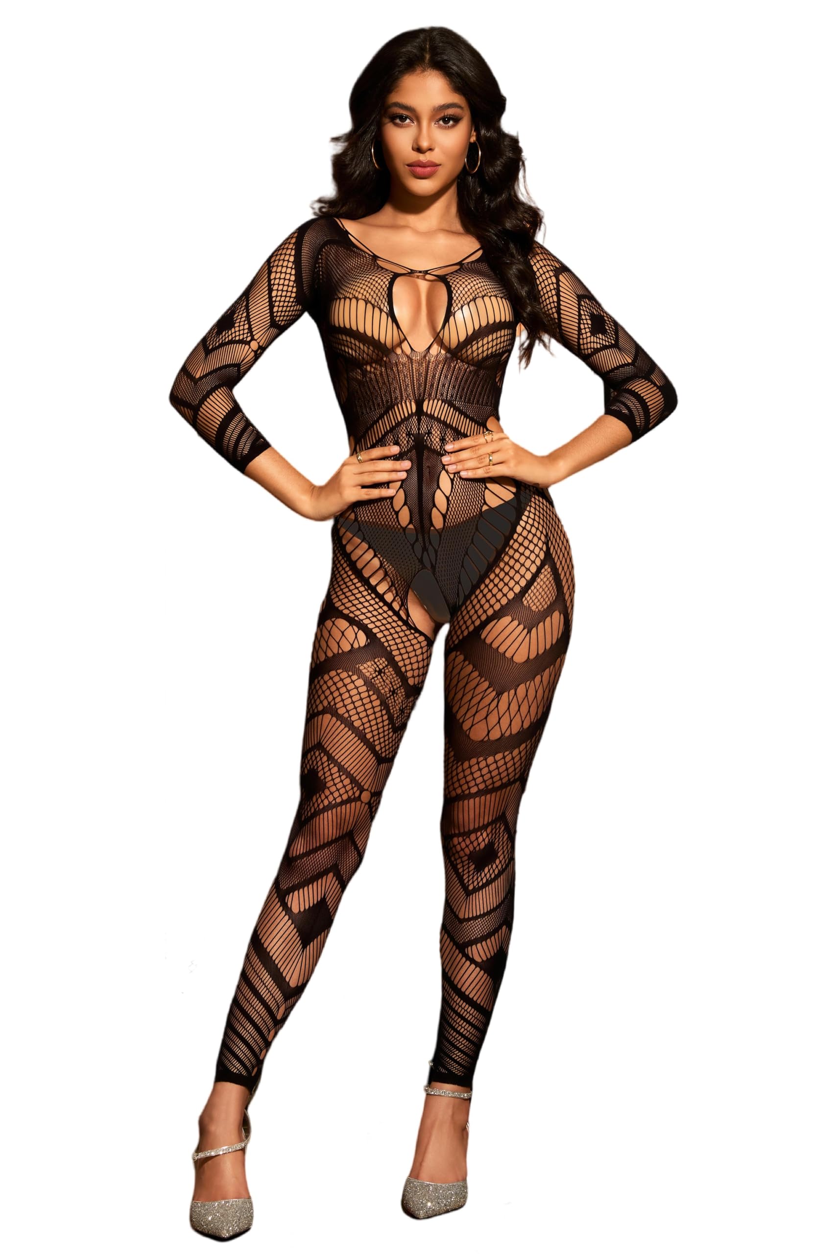 ELEGANT LAM Women's Fishnet Bodysuit Mesh Bodystocking Print Tights Hollow Out Lingerie Jumpsuit Underwear Nightwear