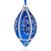 Jeweled Pattern on Blue Pointed Teardrop Finial Glass Christmas Ornament