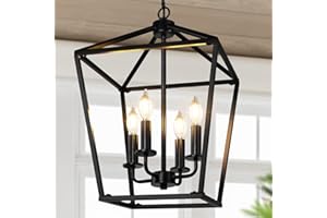 BrightHome Farmhouse Chandelier 4-Light, Black Pendant Light Fixture for Kitchen Island Dining Room, Lantern Industrial Lighting Ceiling Hanging with Metal Cage Adjustable Height for Entryway Foyer
