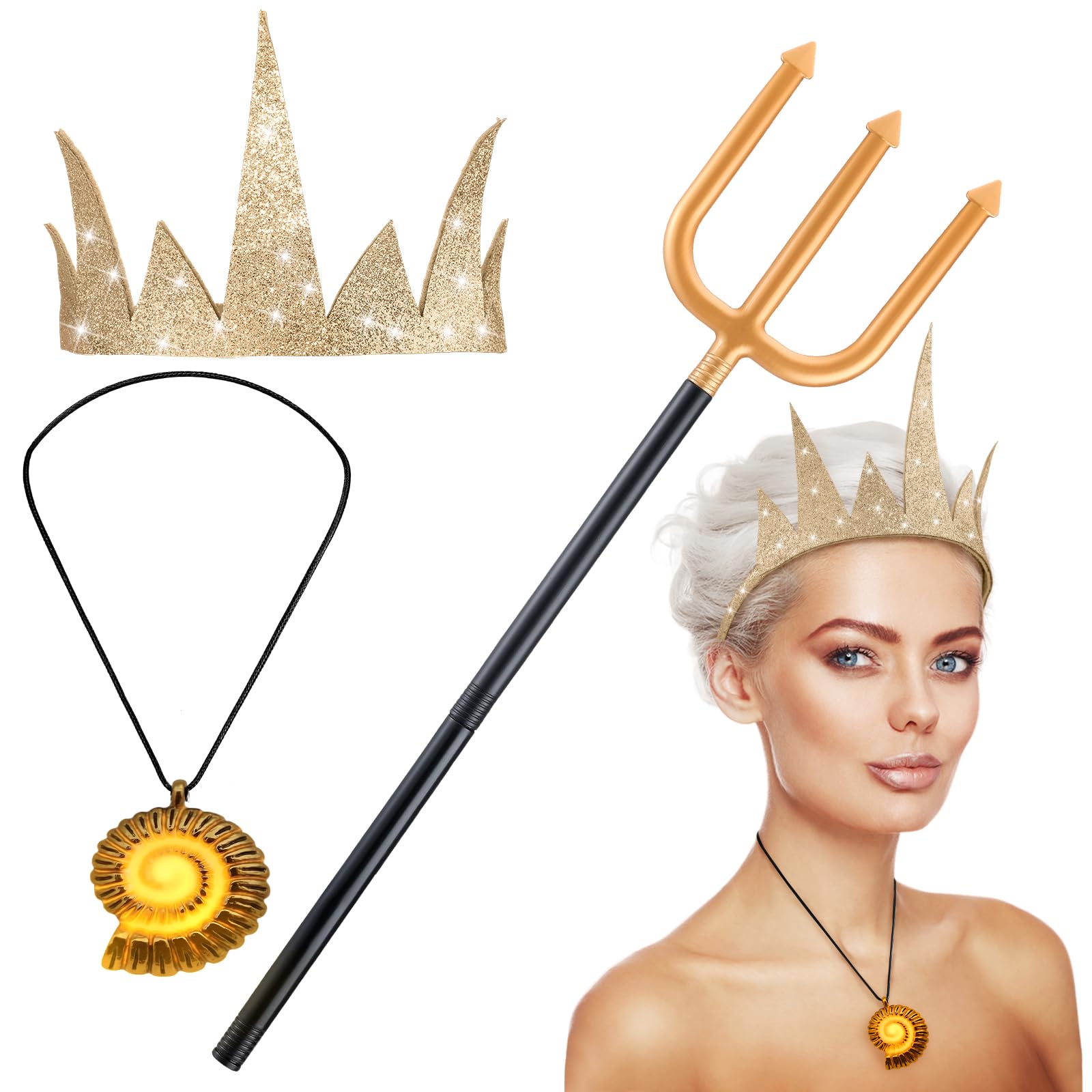 Photo 1 of Nosiny 3 Pcs Halloween Octopus Costumes Accessories Set for Women Glitter Golden Crown and Witch Trident and Mermaid Luminous Pendant Necklace for Cosplay
