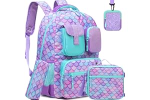 Meetbelify Mermaid Backpacks for Girls Cute School Backpacks for Elementary Students Ages 8-10 Kids Aesthetic Multi Pocket 3 in 1 Travel Backpack Set for Girls