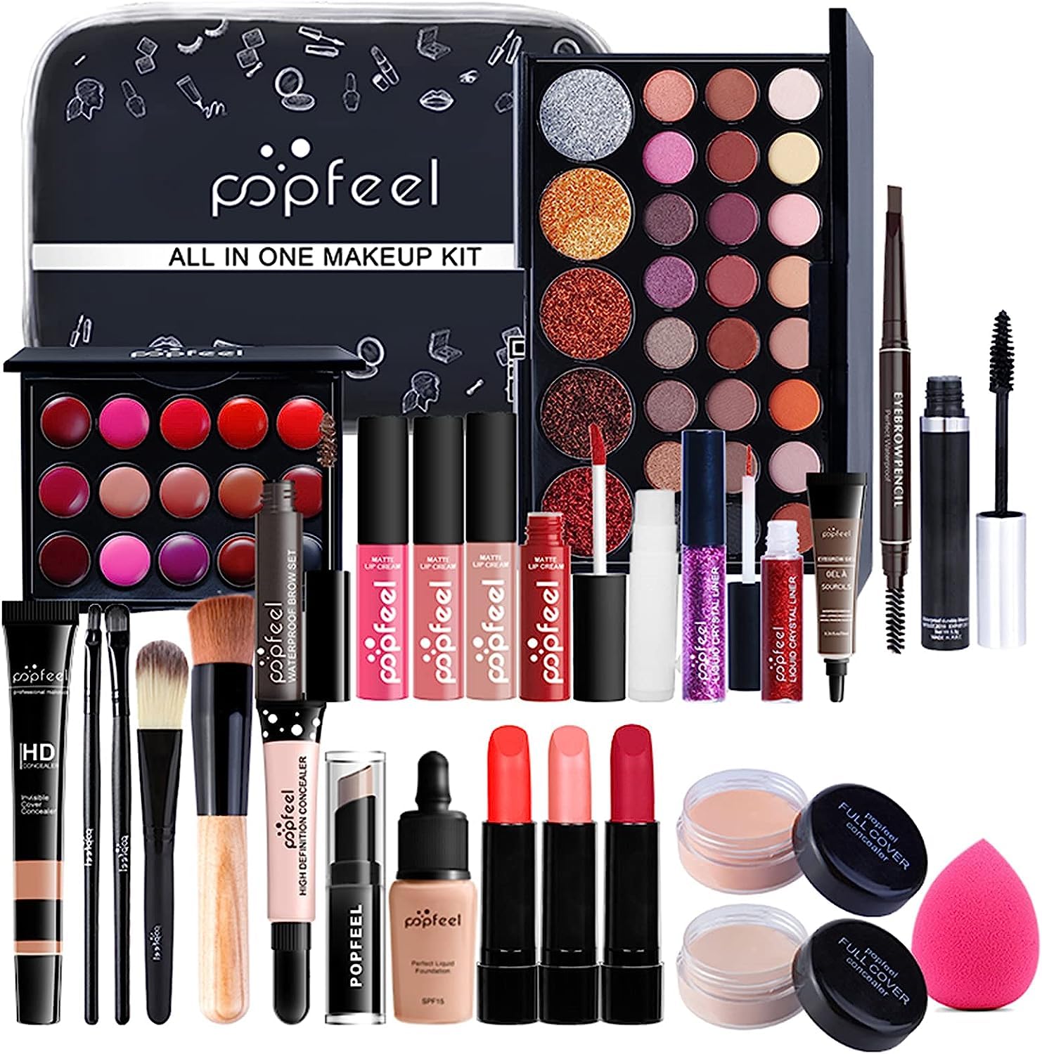 RoseFlower 28Pcs Professional Makeup Set, Essential Make up Starter Set Make-up Sets With Cosmetic bag Eyeshadow Palette Lip Gloss Concealer blush Foundation Brush