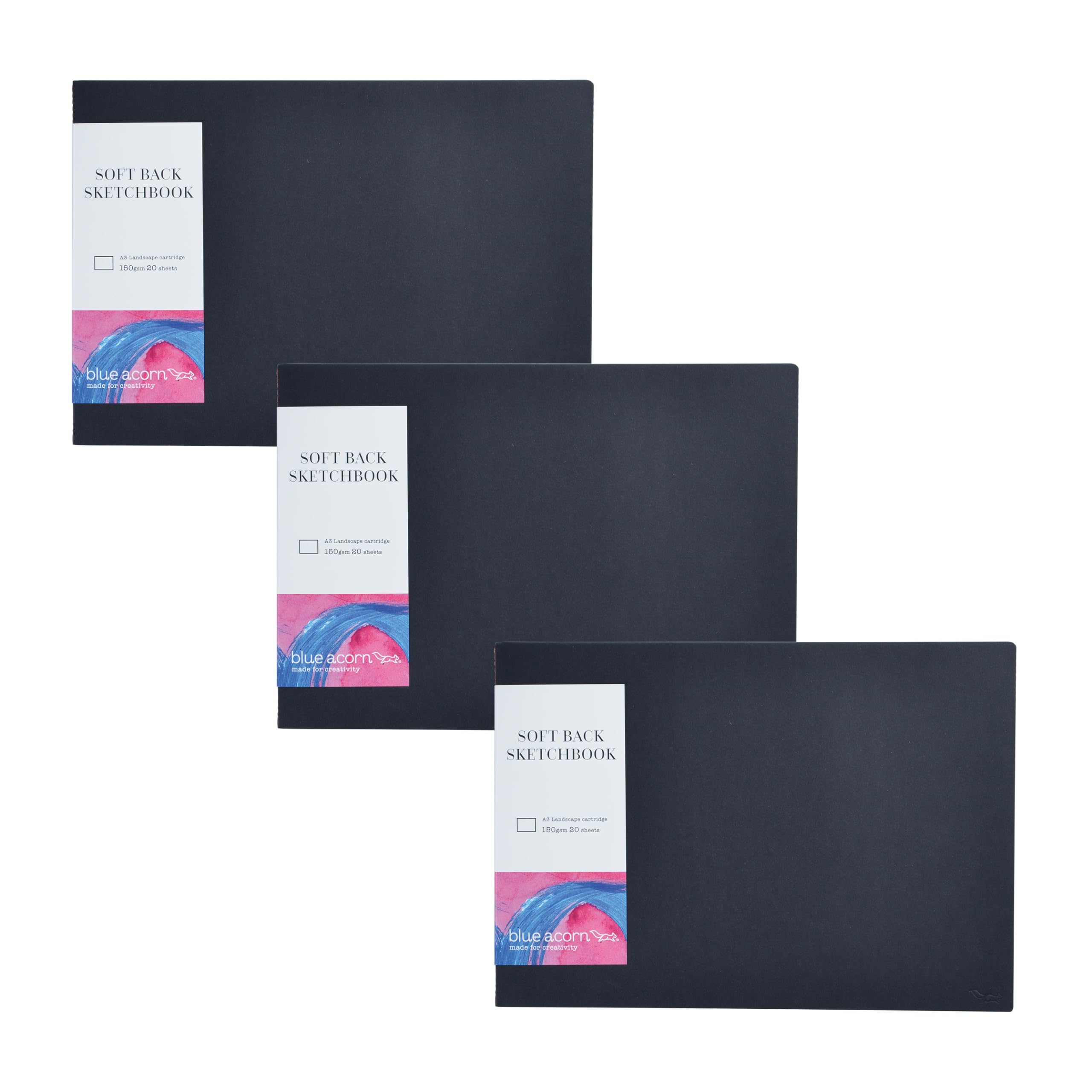 BLUE ACORN - 3 x A3 Landscape Dot Grid Sketchbook - 20 Sheets 150gsm 5mm Dotted Multipurpose Paper - Black Cover - Ideal for Calendar Overviews, Trackers & Storyboards