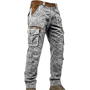 Mens Distressed Acid Wash Cargo Denim Pants Retro Y2K Streetwear Casual Straight Leg Trousers with Multi Pockets