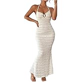 GORGLITTER Women's Halter Neck Bodycon Maxi Dress Sleeveless Backless Fishtail Party Long Pencil Dresses Wedding Guest Dress