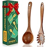 KAQISE 2 Pack Wooden Pasta Spoon and Soup Ladle, Teak Wood Spaghetti Spoon with Teeth, Slotted Spoons for Cooking Serving Collecting Noodle, Nonstick Wooden Kitchen Utensils Pasta Fork with Claws