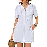Bsubseach Terry Cloth Cover Up - Women 2025 Zipper Swimsuit Coverup Hooded Swim Robes Beach Coverups with Pockets White XL