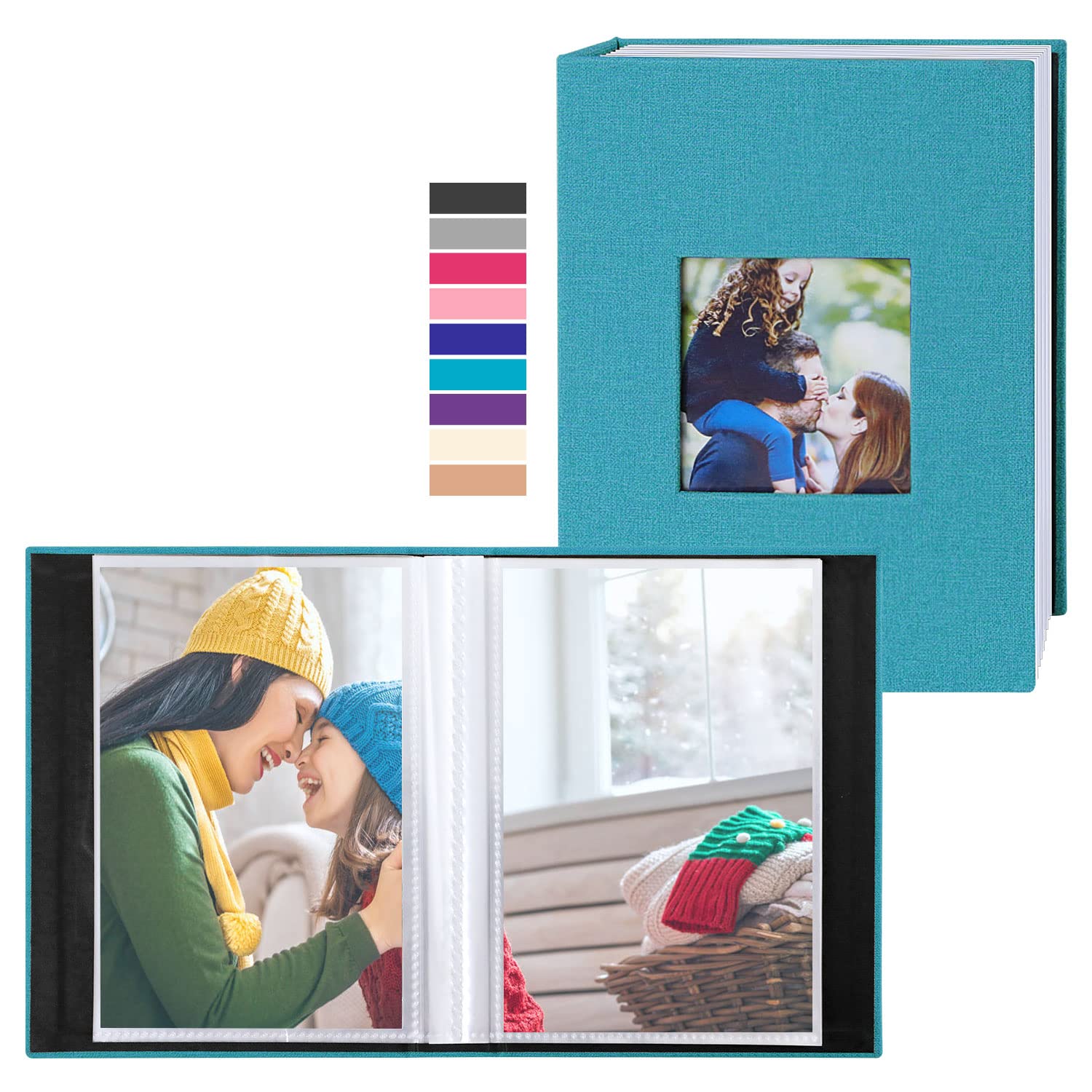Benjia Small Photo Album 6x4 2 Packs, Each Pack holds 100 Pockets, Slip in Mini Linen Top Loading Photo Albums Holds Portrait Only 10x15cm Picture Teal — image 1
