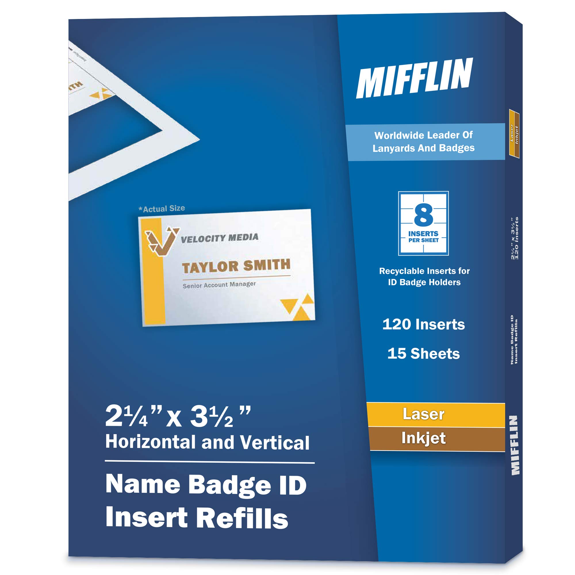 Mifflin Nametag Refills for Badges 90mm x 60mm (120 Cards, 8 per Sheet), Printable Paper Name Inserts for Laser and Inkjet Printer