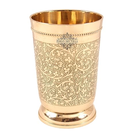 IndianArtVilla Brass Embossed Glass Tumbler with Bottom |330 ML| Used as Drinkware Home Hotel Restaurant Gift Item