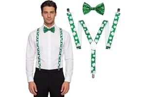 St Patricks Day Bowtie Suspenders Adjustable Length Shamrock Suspender Sequin Bow Tie Adult Party Supplies for Women Men