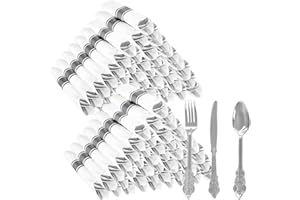 WELLIFE 50 Pack Silver Plastic Silverware, Plastic Cutlery Set Include 50 Forks, 50 Knives, 50 Spoons and 50 Pre Rolled Napkins, Disposable Utensils for Party and Wedding