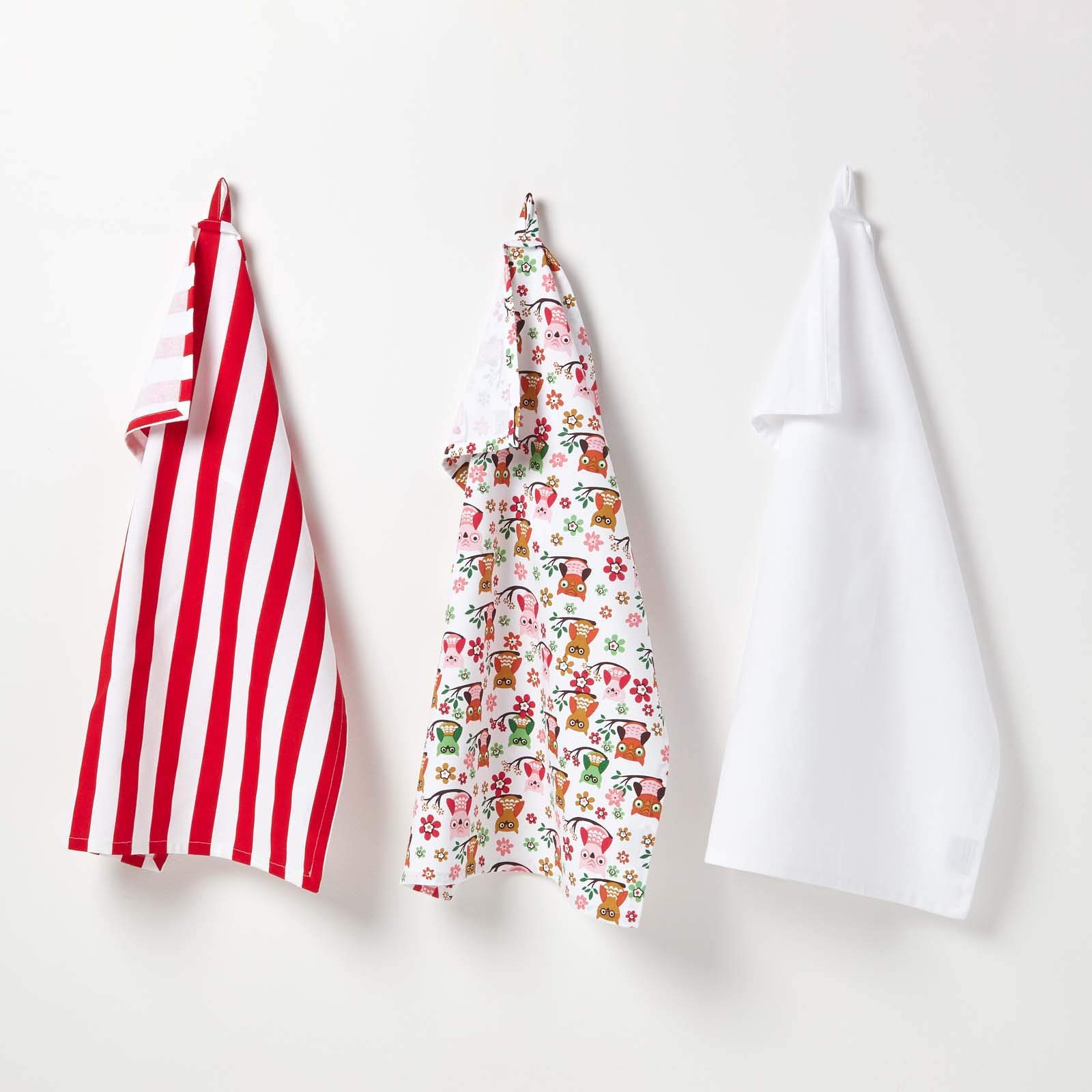 HOMESCAPES - Pure Cotton Tea Towels Set of Three - Owls - Red Blue - 50 x 70 cm - Fully Coordinated Washable Kitchen Linen