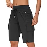 MIVEI Women's 9" Bermuda Hiking Cargo Travel Shorts with Zipper Pockets Quick Dry Knee Length Long Board Short Summer Beach
