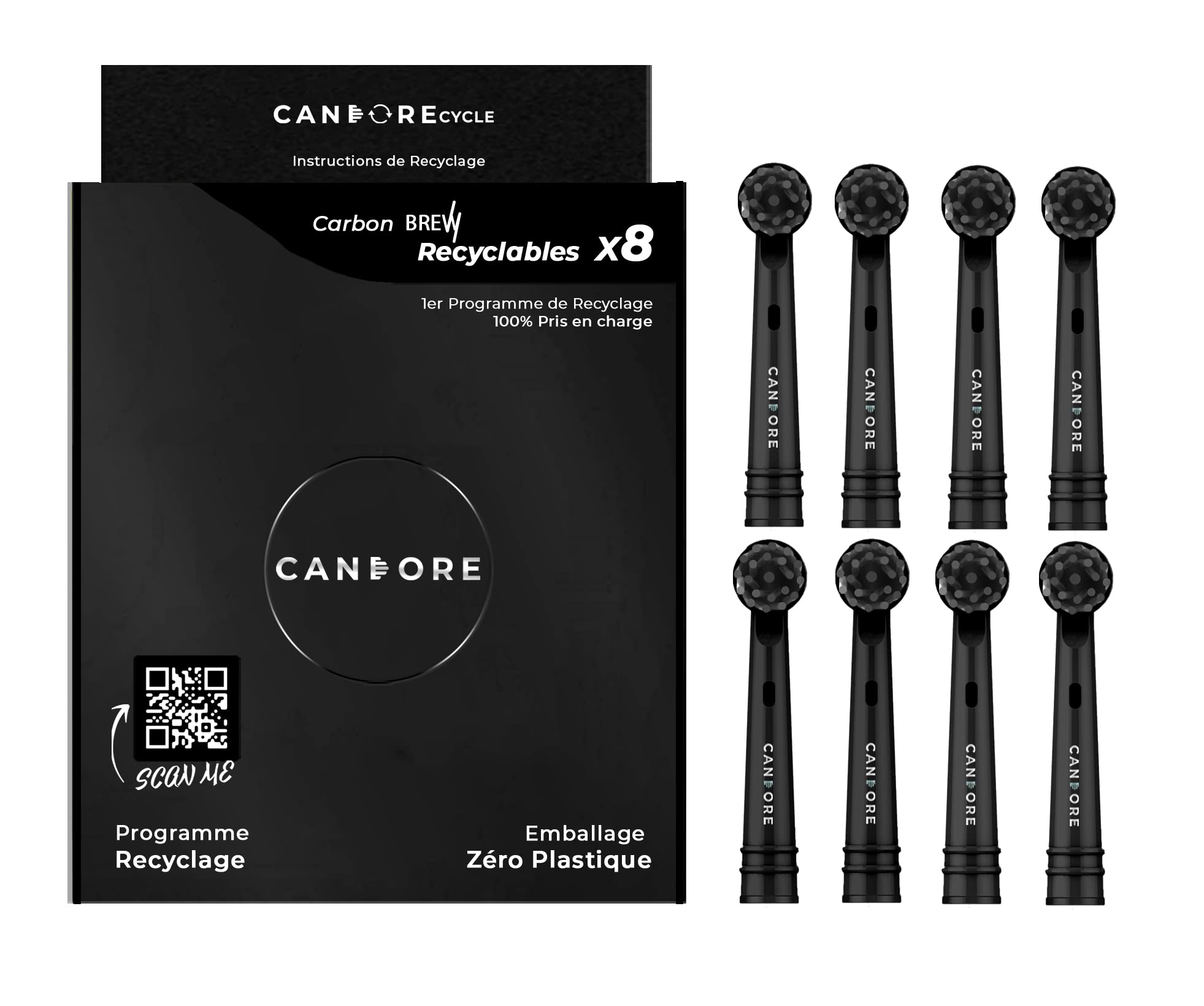 Candore - Set of 8 Brew One Black Brush Heads | Charcoal Infused Cross Brush Action - for Oral-B Electric Toothbrush | Recycling Program | Plastic Free Packaging