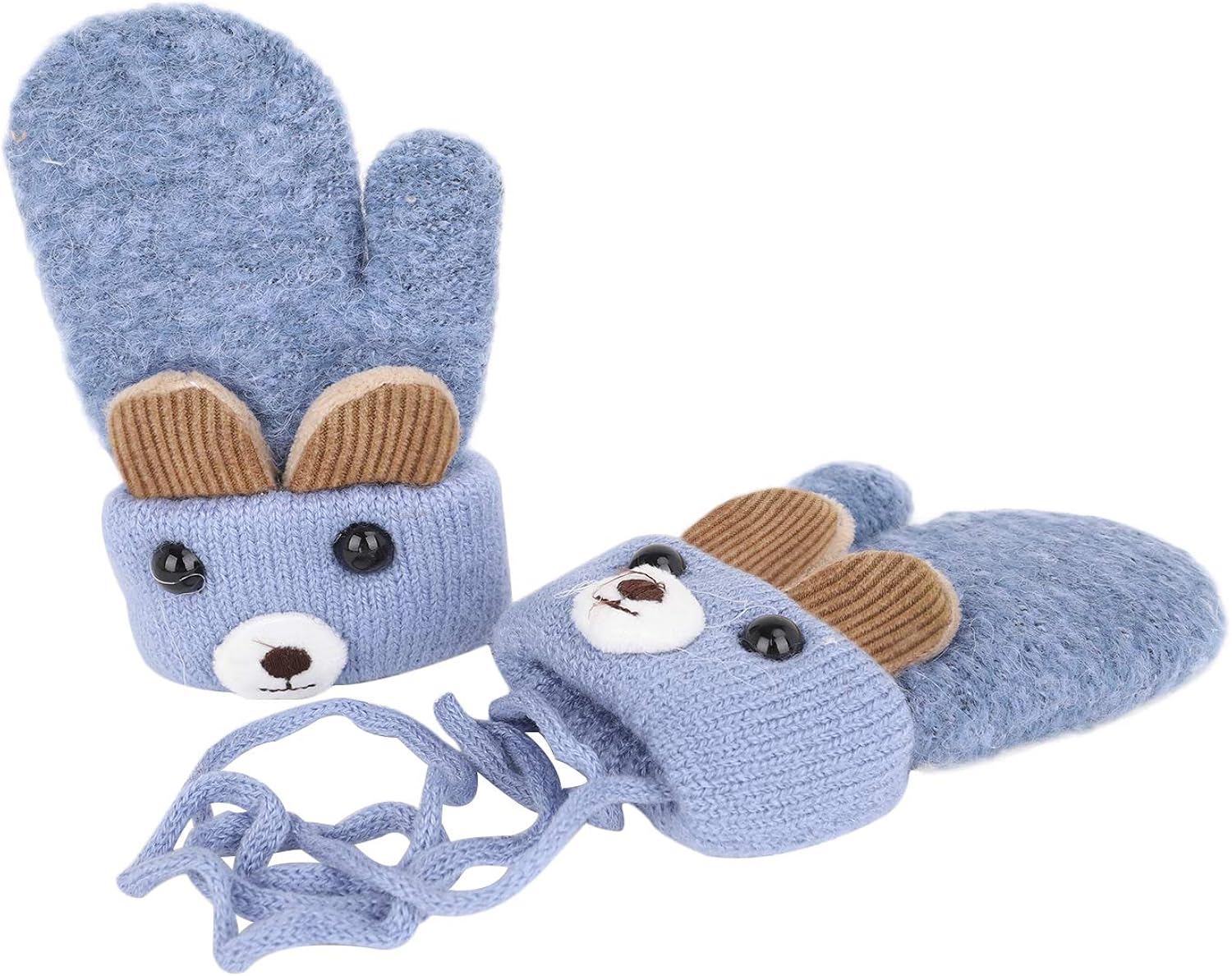 Kids Winter Knitted Gloves Cute Cartoon Bear Hang Neck Mittens Newborn Unisex Baby Warm Mittens Thicken Cashmere with Rope Mitten Thermal Full Finger Wrist Glove Boy Girls 0-3 Years Gift (Blue) - Image 5