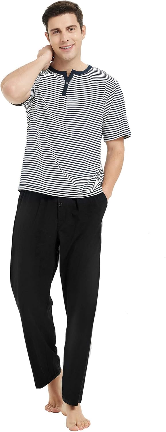 U2SKIIN Mens Cotton Pajama Set, Lightweight Short Sleeve Sleepwear Long Cotton Pajama Bottoms… at  Men’s Clothing store
