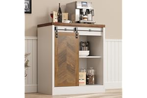 Catrimown Farmhouse Small Coffee Bar Cabinet with Storage, White Coffee Bar Table with Sliding Barn Door, Adjustable Shelves, Bar Cabinet for Kitchen, Dining Living Room, 1 Pack