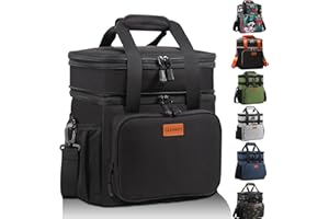 Expandable Insulated Large Lunch Box, Double Deck Heavy Duty Durable Lunch Bag Leakproof Cooler Bags for Men Women Adults Work Shift Flight Beach Daytrip, 20 Can, Black, GLENKEY