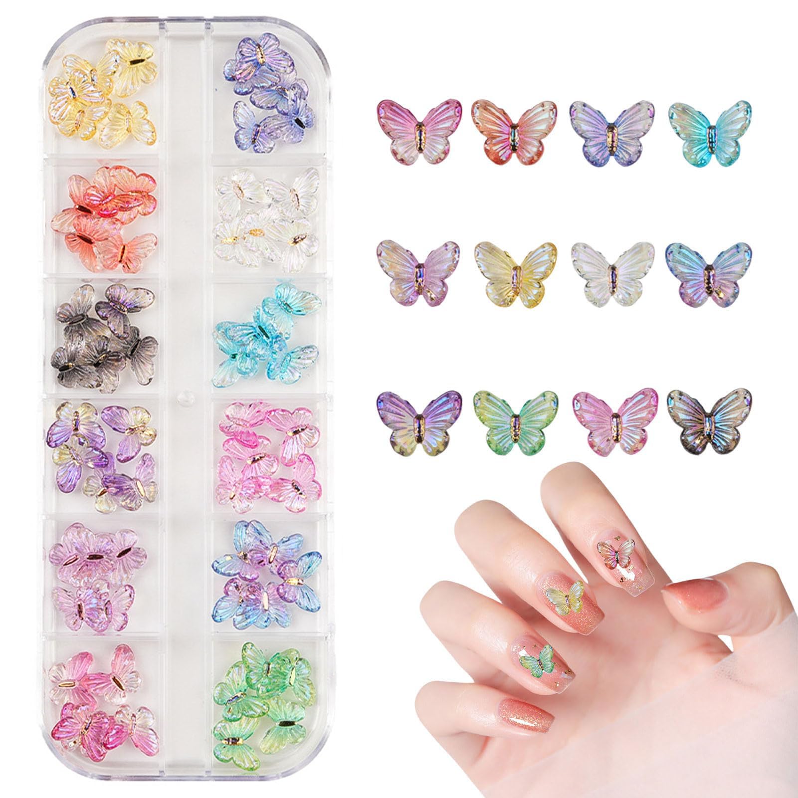 3D Butterfly Nail Charms,1Box 12Grids Resin Colorful Butterfly Nail Art Charms,Mini Cute Nail Art Decorations for Women Girls Manicure Design DIY Crafts (Colorful B)