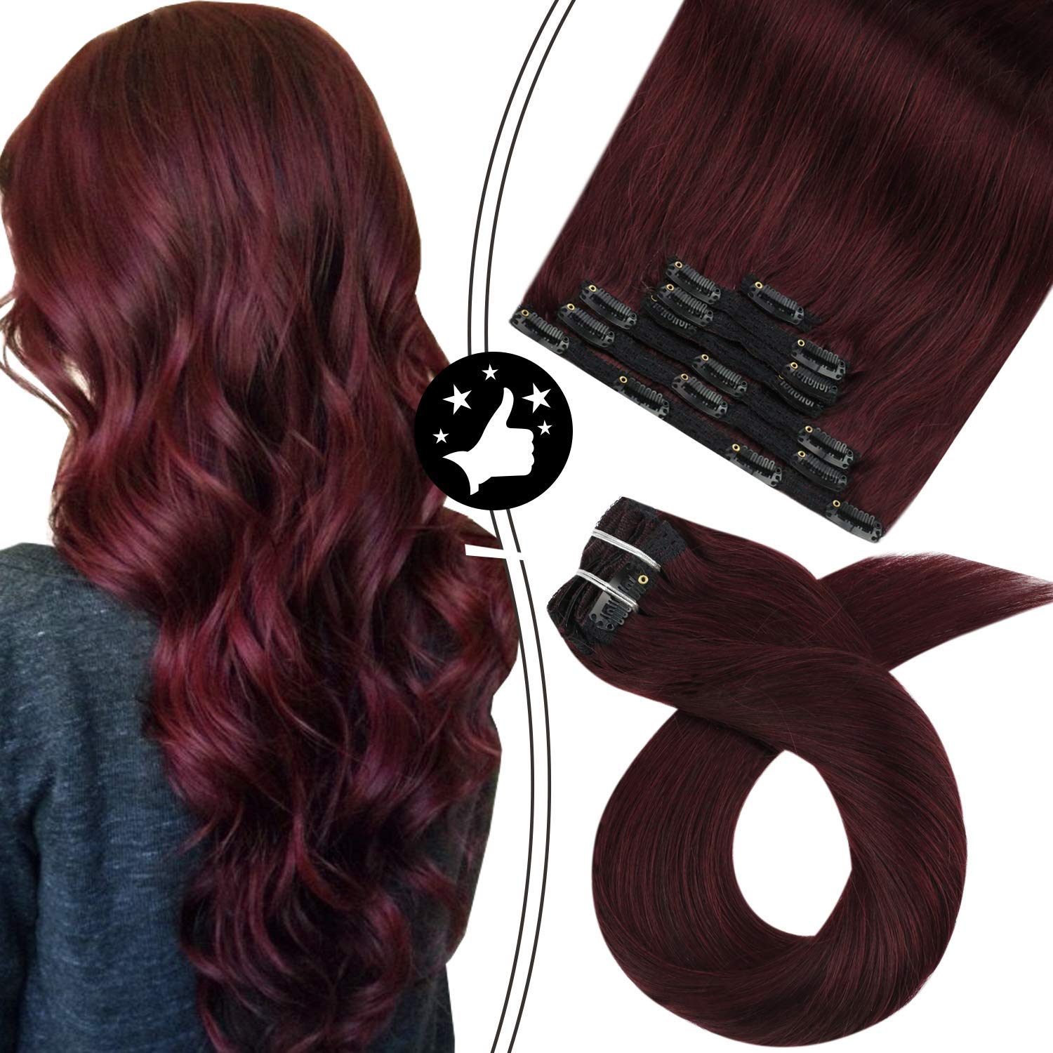 Moresoo Clip in Hair Extensions Wine Red Hair Extensions Clip in Human Hair 24 Inch Clip in Human Ha