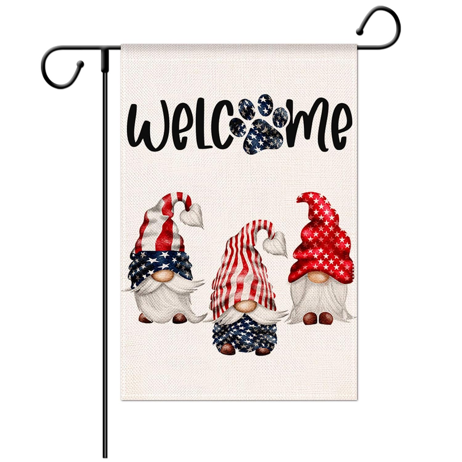 Jartinle Welcome Gnomes Garden Flag Double Sided, 4th of July Decorative Patriotic American Flag Paw Print for Outside Yard Outdoor Memorial Day Decoration 12.5x18